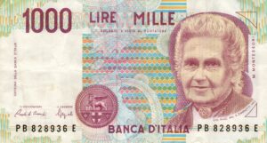 Banconote da 1000 Lire italiane con il volto di Maria Montessori, simbolo di valore storico e collezionistico.